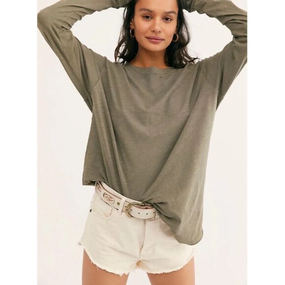 WE THE FREE Arden Tee Sz XS Sage Green Raglan Sleeve Oversized Slub Knit Cotton - Picture 4 of 12